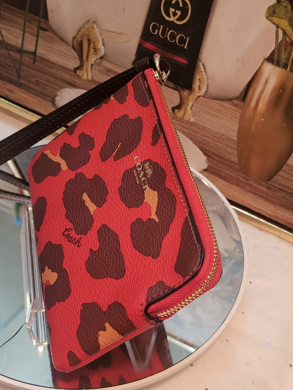 COACH Red Leopard Print Zip Wristlet